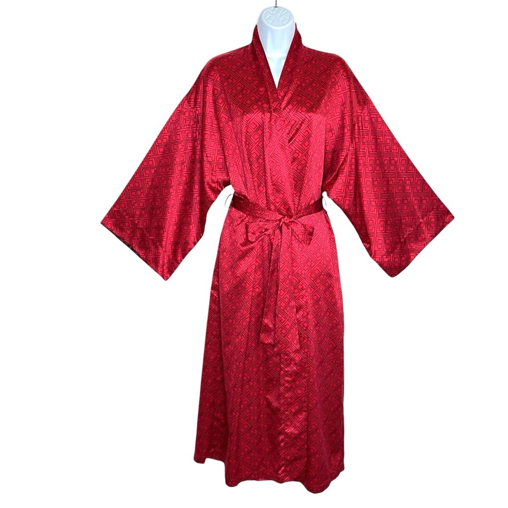Natori Belted Satin Kimono Robe Womens M Dark Red Floral Accent Greek Key Print